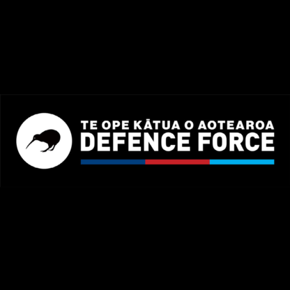 Logo of New Zealand Defence Force featuring a black kiwi bird silhouette in a white circle, with the text 'TE OPE KĀTĀUA O AOTEAROA DEFENCE FORCE' beneath, on a black background.