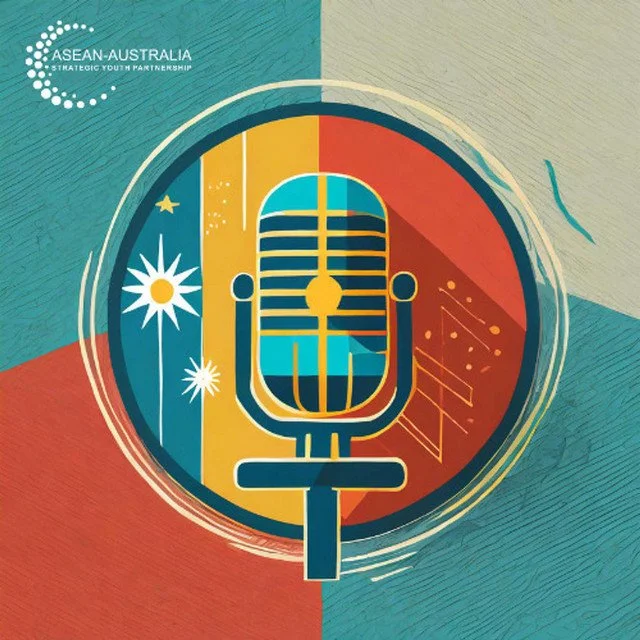 Graphic of a vintage microphone surrounded by colorful abstract shapes and symbols, with a logo in the top left corner reading "ASEAN-Australia Strategic Youth Partnership."