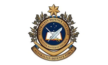 Emblem of the Australian Defence College featuring a star, emblem with book, quill, and stars, surrounded by a laurel wreath, with a banner and the text 'Australian Defence College' and 'Australian Defence Force'.