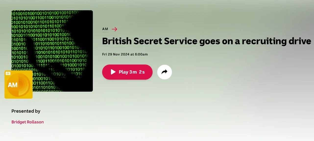 A digital graphic with a black silhouette of a man's head filled with green binary code, and the ABC logo in yellow. The text indicates a news story about the British Secret Service's recruiting drive, with a play button and a timestamp.