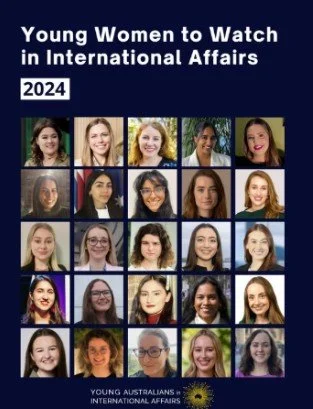 Cover of a report titled 'Young Women to Watch in International Affairs 2024' showing photos of young women from Australia.