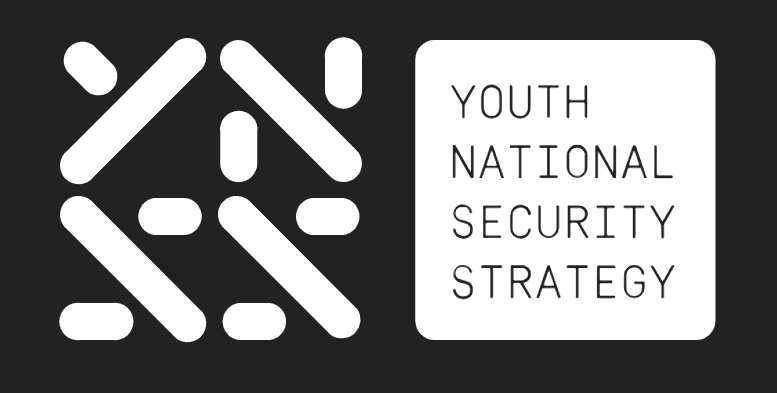 Black background with a white abstract logo on the left and a white rectangle containing the words 'YOUTH NATIONAL SECURITY STRATEGY' on the right.
