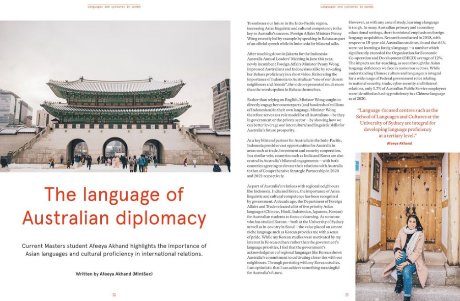Open book with large photo of traditional Korean architecture on the left page and a smaller photo of a woman sitting on stairs on the right page, with text about Australian diplomacy and Asian languages.