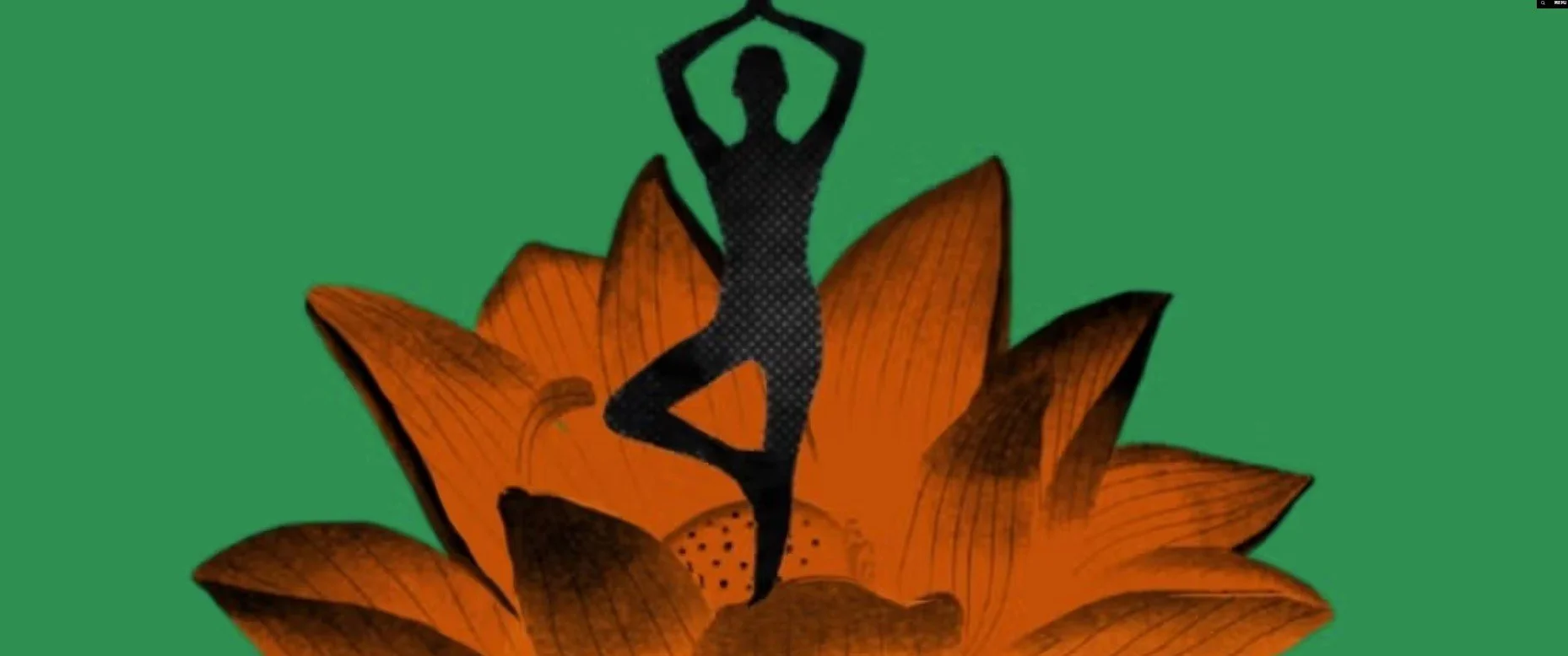 Silhouette of a woman practicing yoga or dance pose inside an orange flower with multiple petals on a green background.