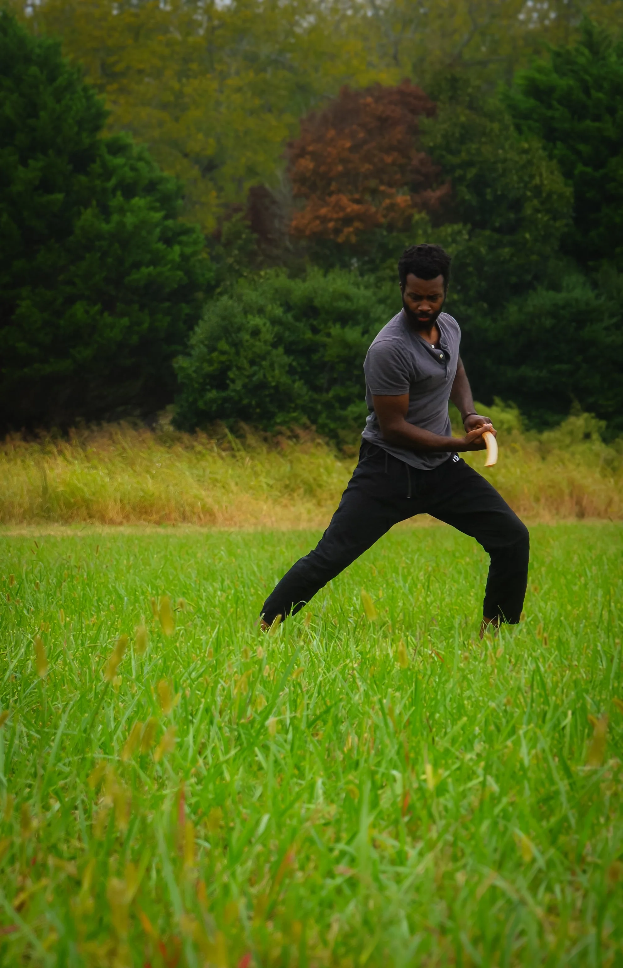 A man in a gray shirt and black pants with a wooden sword standing in a grassy field holding a frisbee, with a backdrop of colorful trees and green foliage.
