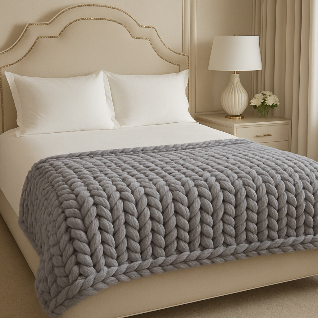 A neatly made bed with white pillows and a fluffy gray chunky knit blanket. Beside the bed is a white nightstand with a large white table lamp and a small vase of white flowers. The room has cream-colored walls and curtains.