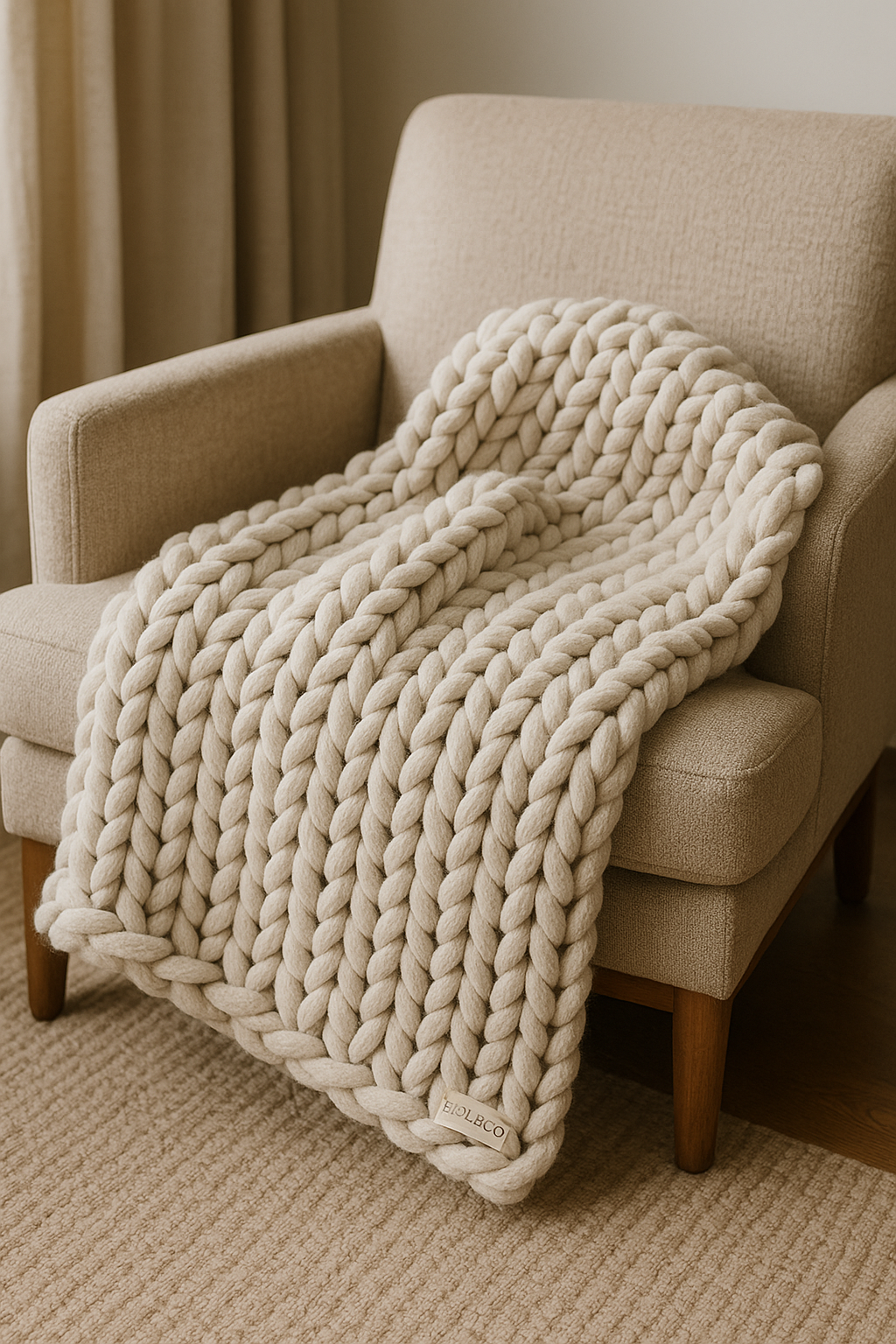 Cream-colored chunky knit blanket draped over a beige armchair in a cozy room.