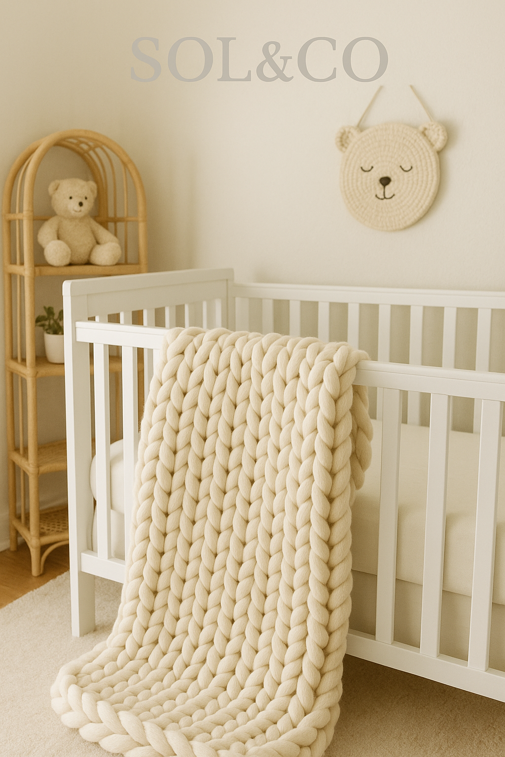 A white crib with a thick cream-colored chunky knit blanket draped over it. To the left, a wooden shelf with a small plant and a teddy bear. On the wall, a bear-shaped wall hanging with closed eyes and a small nose, and the words "SOL & CO" painted a