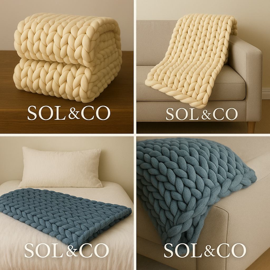 Four images of chunky knitted blankets and throws by SOL&CO, including a beige blanket on a couch, a cream blanket folded on a bed, a blue blanket on a bed, and a close-up of the blue blanket draped over a sofa.