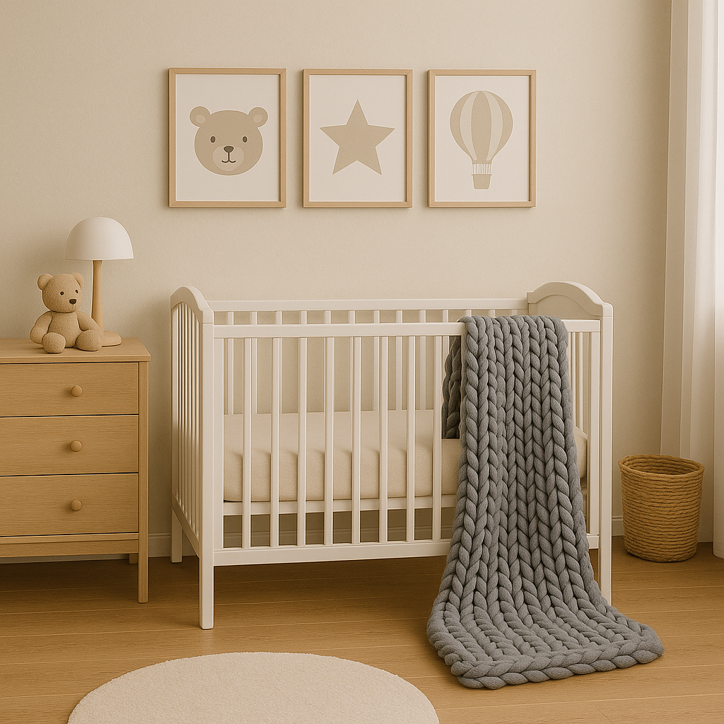 Nursery room with a white crib, gray chunky knit blanket, wooden dresser with teddy bear and lamp, three framed art prints of a bear, star, and hot air balloon, beige walls, light wood flooring, and a wicker basket.