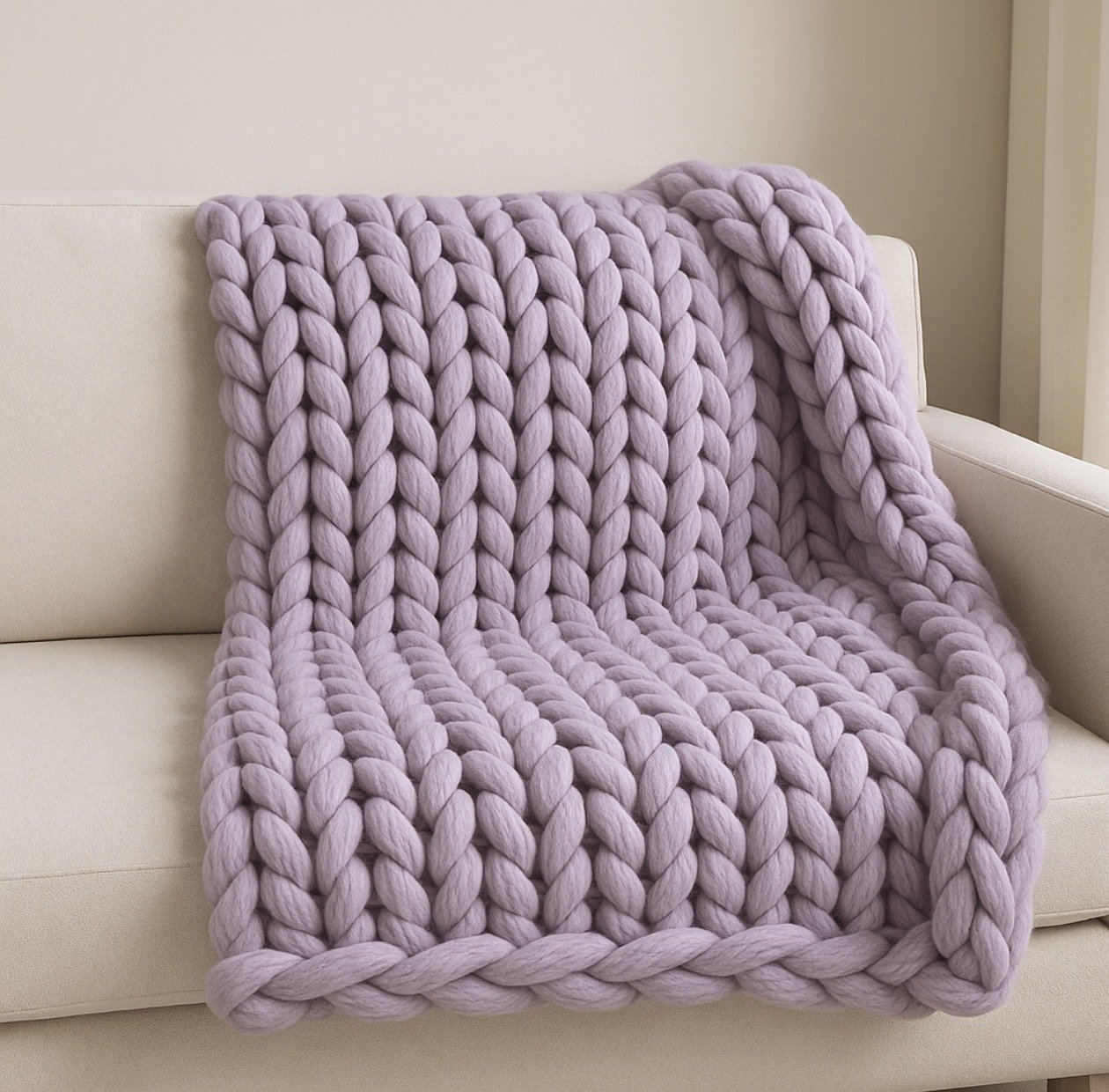 A cozy, chunky lavender knit blanket draped over a white sofa.