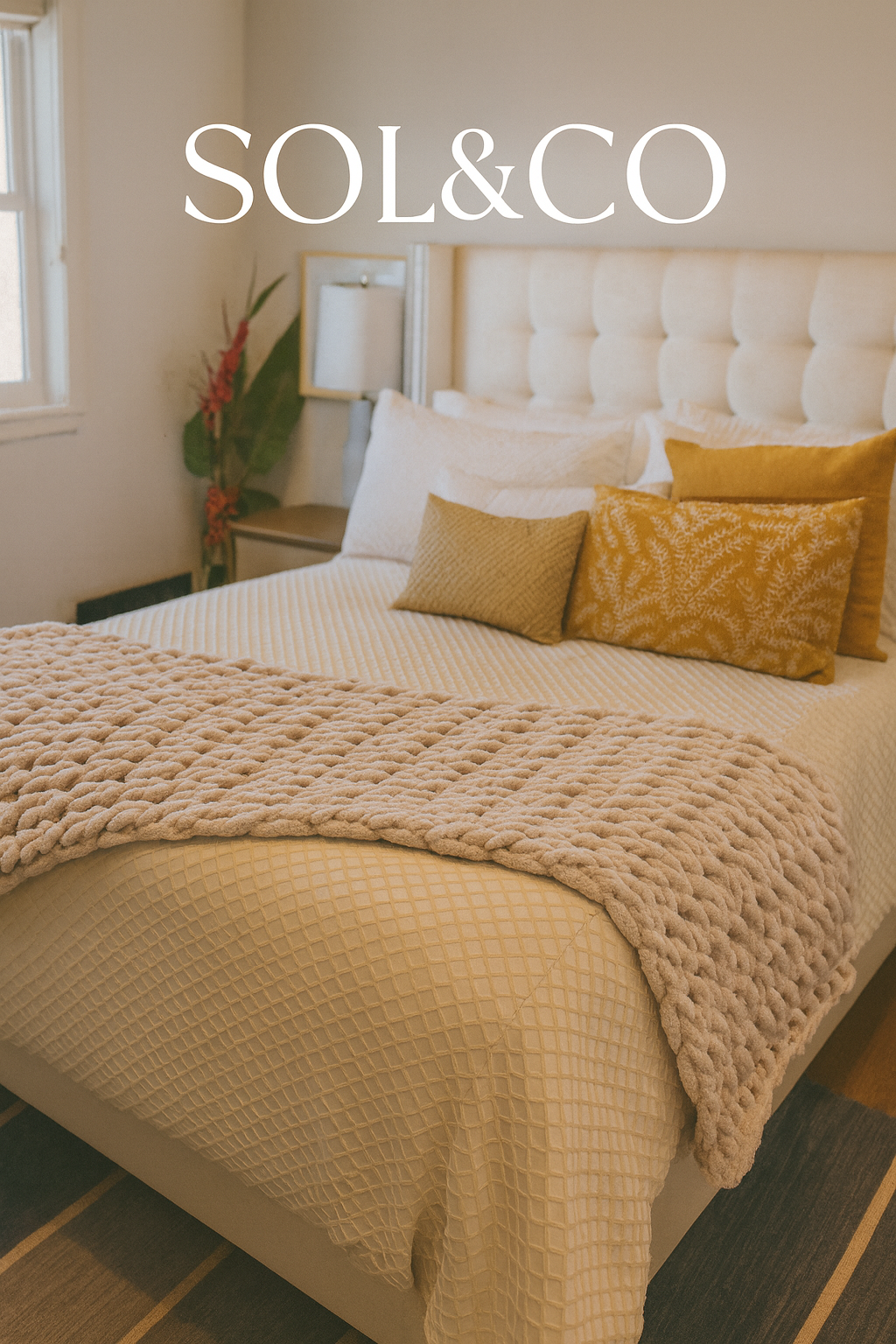 A neatly made bed with a beige quilt, decorative pillows in shades of gold and beige, a plush beige blanket, and a white padded headboard in a softly lit bedroom with a window on the left, a nightstand with a lamp, and a plant with long green leaves 