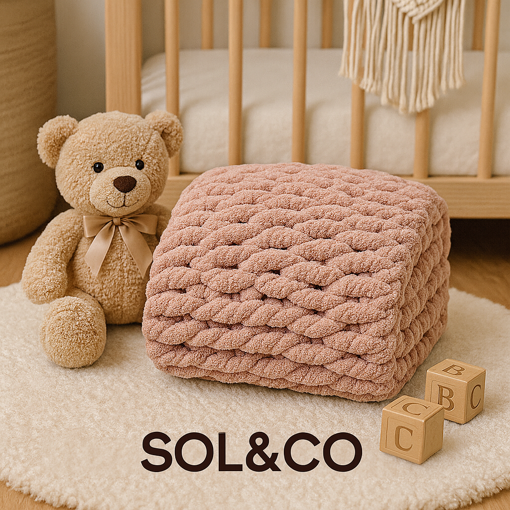 A cozy nursery corner with a plush teddy bear and a pink knit pouf on a cream rug, near a wooden crib and wooden alphabet blocks.