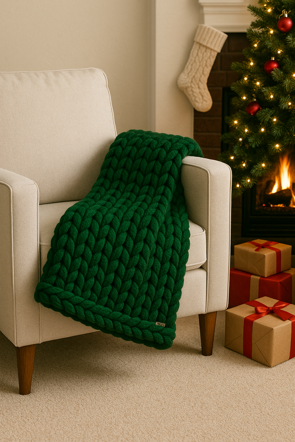 A cozy Christmas scene featuring a white armchair with a chunky green knit blanket draped over it, a decorated Christmas tree with ornaments and lights, a fireplace with a Christmas stocking hanging, and wrapped presents with red ribbons on a beige c