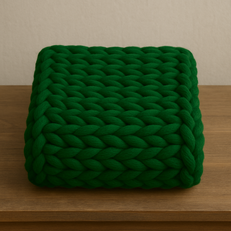 A green, braided, cube-shaped cushion or stool on a wooden surface with a plain light-colored background.