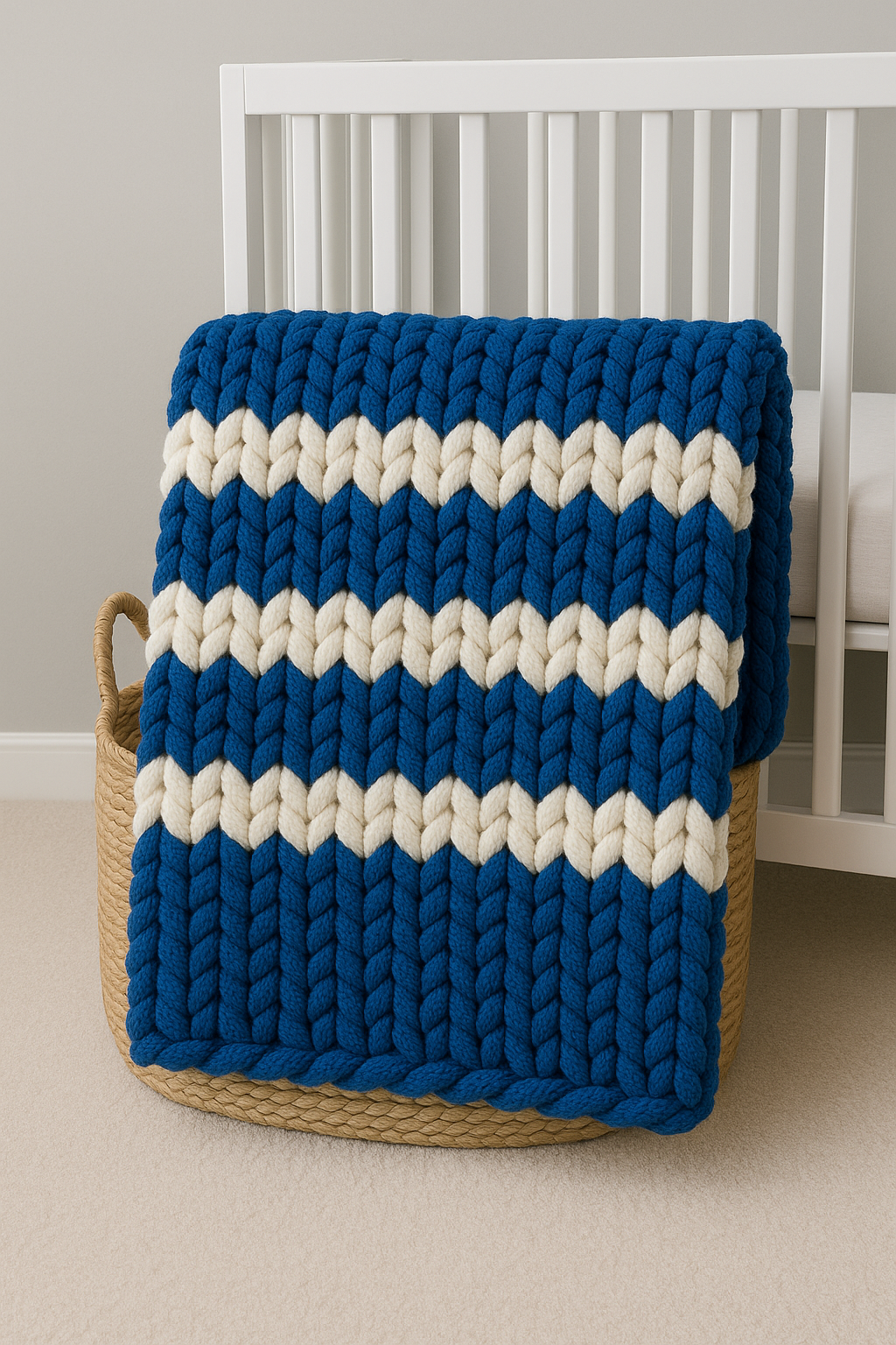 A woven blanket with blue and white chevron stripes draped over a woven basket, positioned next to a white crib in a neutral-colored room.