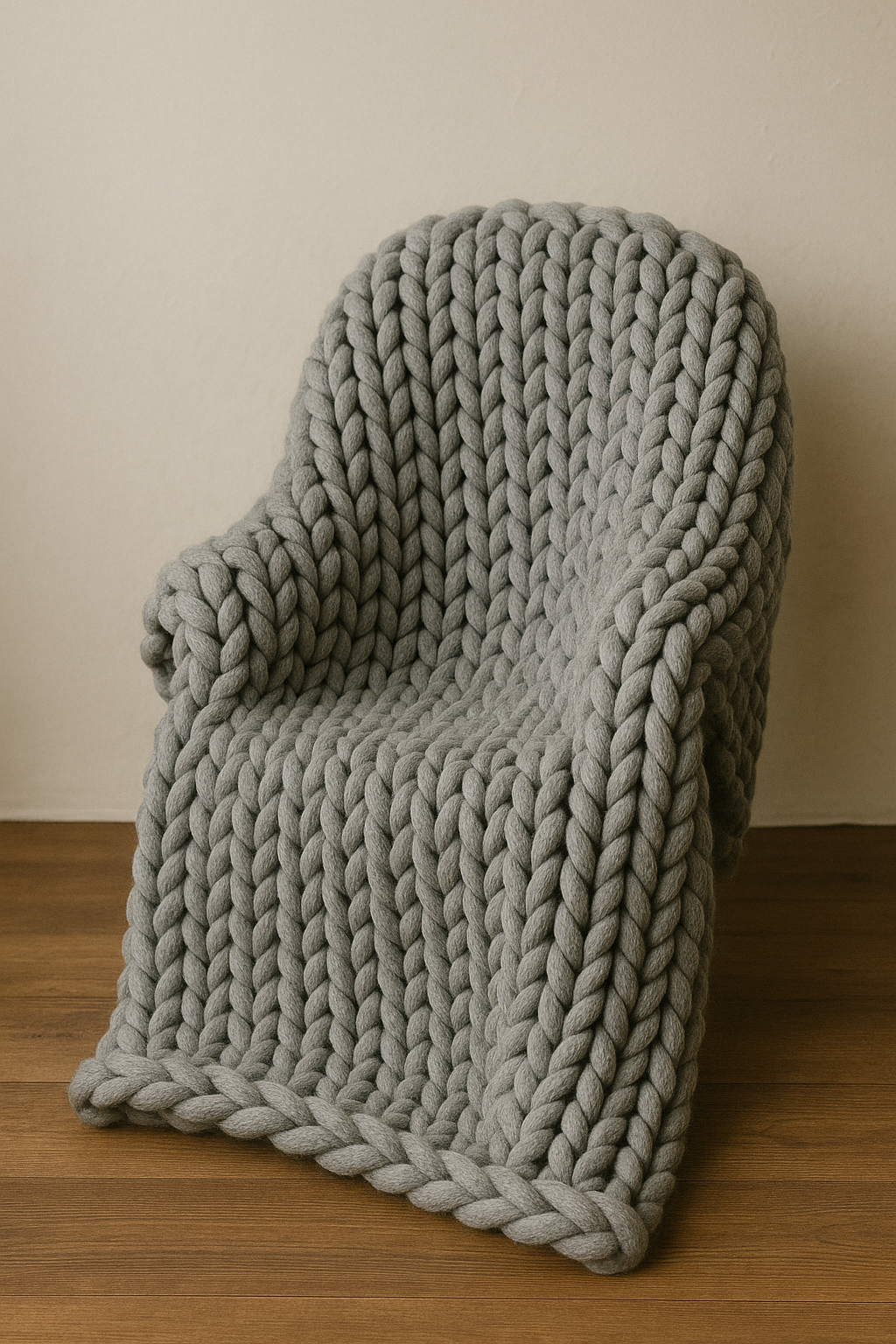 A chunky, knitted gray armchair with thick braided yarn, positioned on a wooden floor against a plain wall.