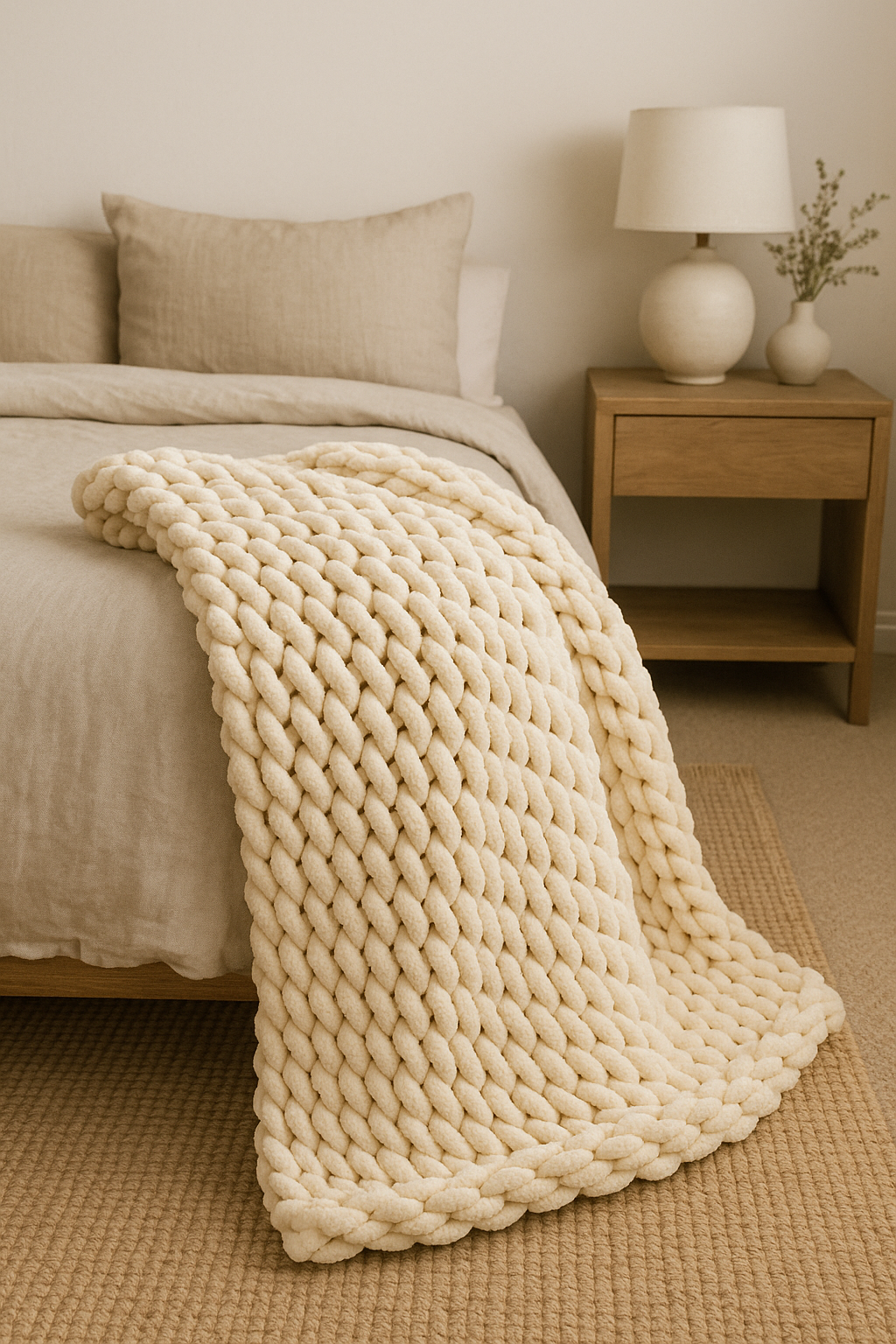 A cozy bedroom corner with a bed, beige bedding, a chunky knit cream blanket draped over the side, a wooden nightstand, a large table lamp, and two beige pillows against a plain wall.