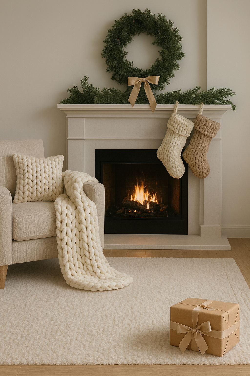 A cozy living room decorated for Christmas with a lit fireplace, two knitted stockings hanging on the mantel, a wreath with a bow above the fireplace, a cream-colored armchair with a chunky knit pillow, a matching chunky knit blanket, and a wrapped g