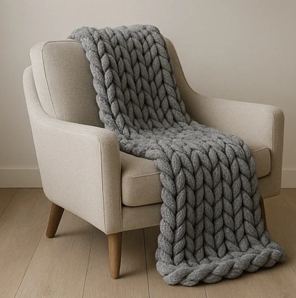 A beige armchair with wooden legs, draped with a large, chunky gray knit blanket.