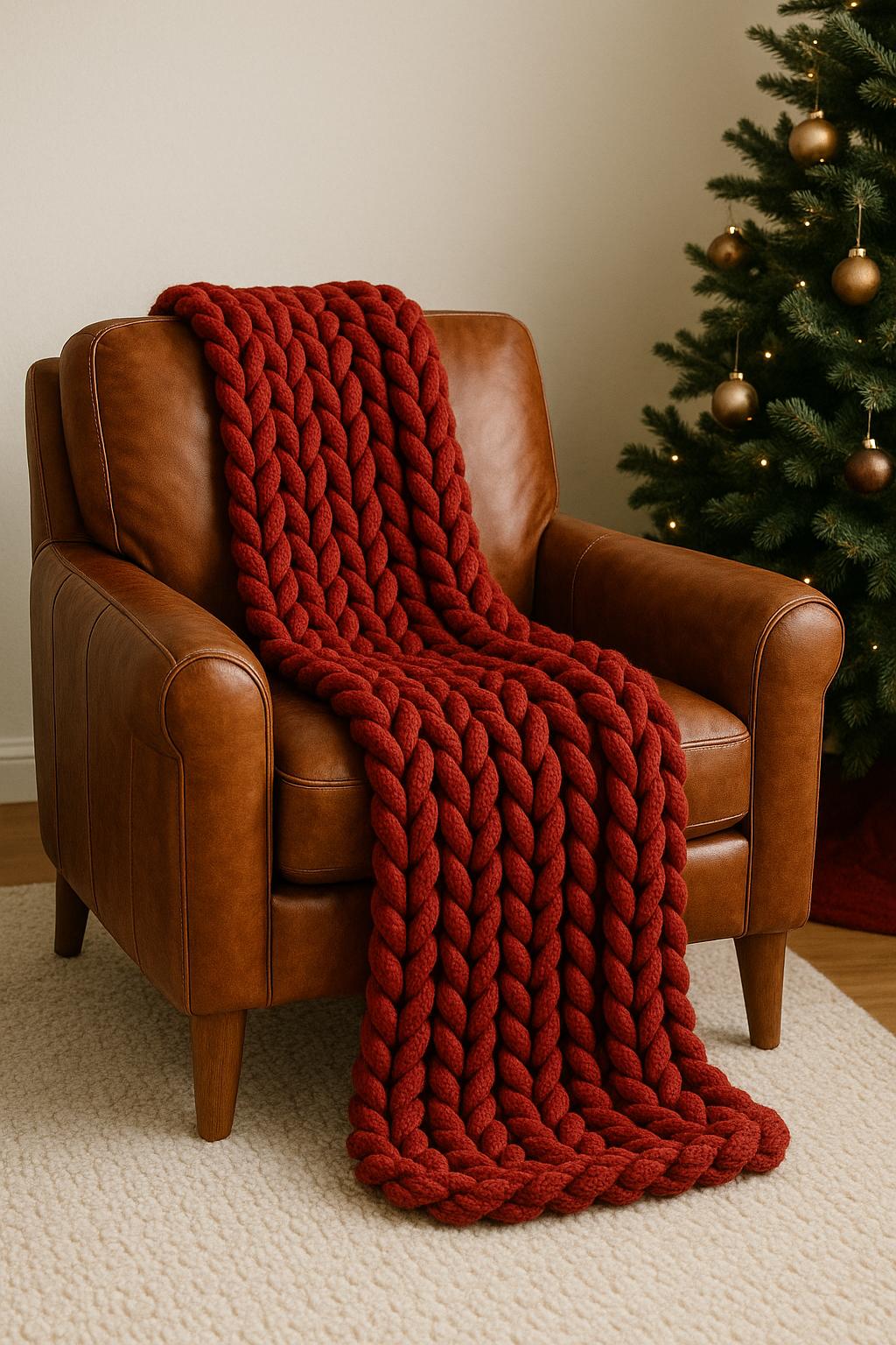 A large, chunky red knitted blanket draped over a brown leather armchair next to a decorated Christmas tree.