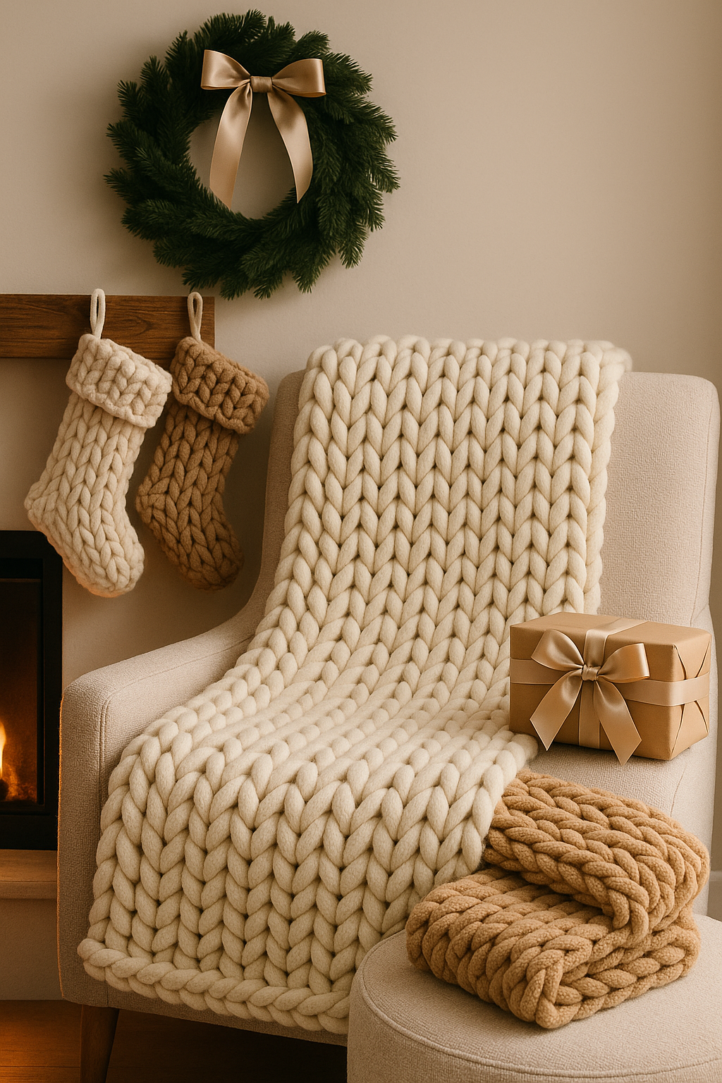 Christmas decorations including a green wreath with a gold ribbon, two knitted stockings hanging on the wall, a beige chunky knit blanket draped over a white armchair, and a gold gift box with a gold ribbon on the chair.