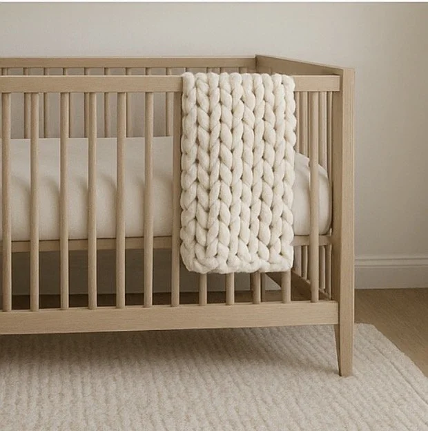 A wooden crib with a cream-colored soft blanket draped over it, situated on a light-colored rug in a minimalistic nursery.