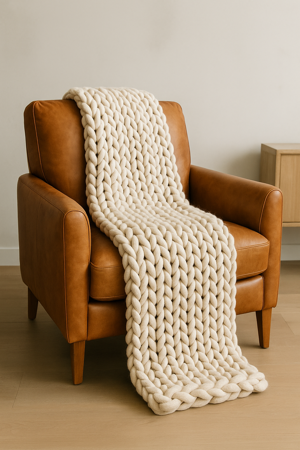 A cozy beige chunky knit blanket draped over a tan leather armchair in a minimalistic living room.