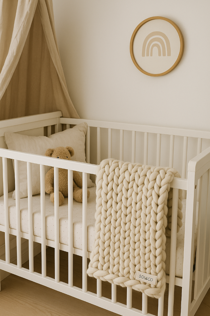 A white crib with a plush teddy bear, a beige pillow, and a chunky knit blanket, set against a white wall with a rainbow artwork, and beige drapes hanging nearby.