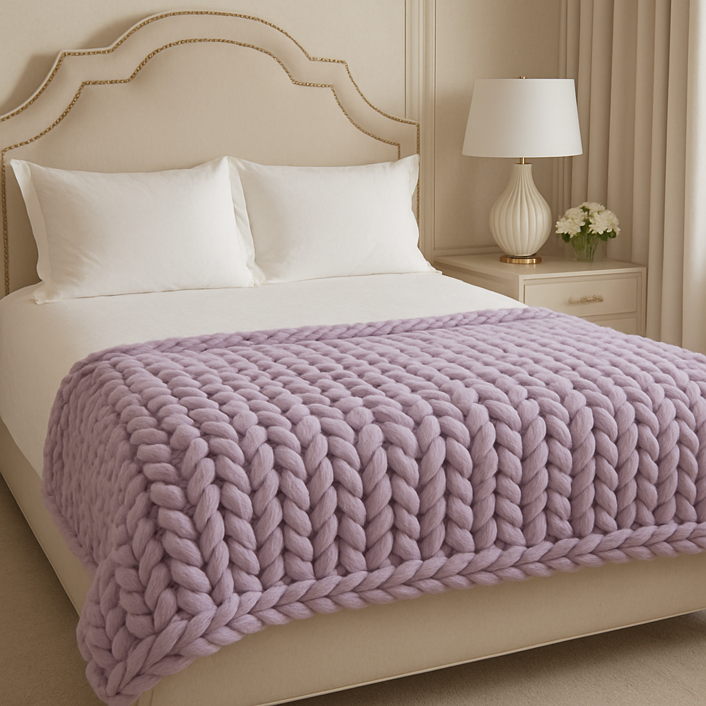 A neatly made bed with white pillows and a thick, chunky lavender blanket in a bright, elegant bedroom with a nightstand, lamp, and flowers.