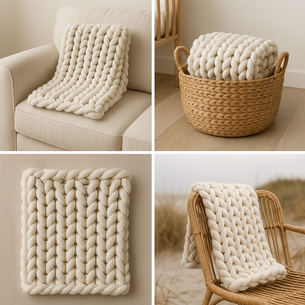 A chunky knitted wool blanket in cream color draped over a beige sofa, a rolled-up similar blanket in a woven basket on a wooden floor, a close-up of the knitted blanket on a wall, and the blanket draped on a rattan chair in an outdoor setting.