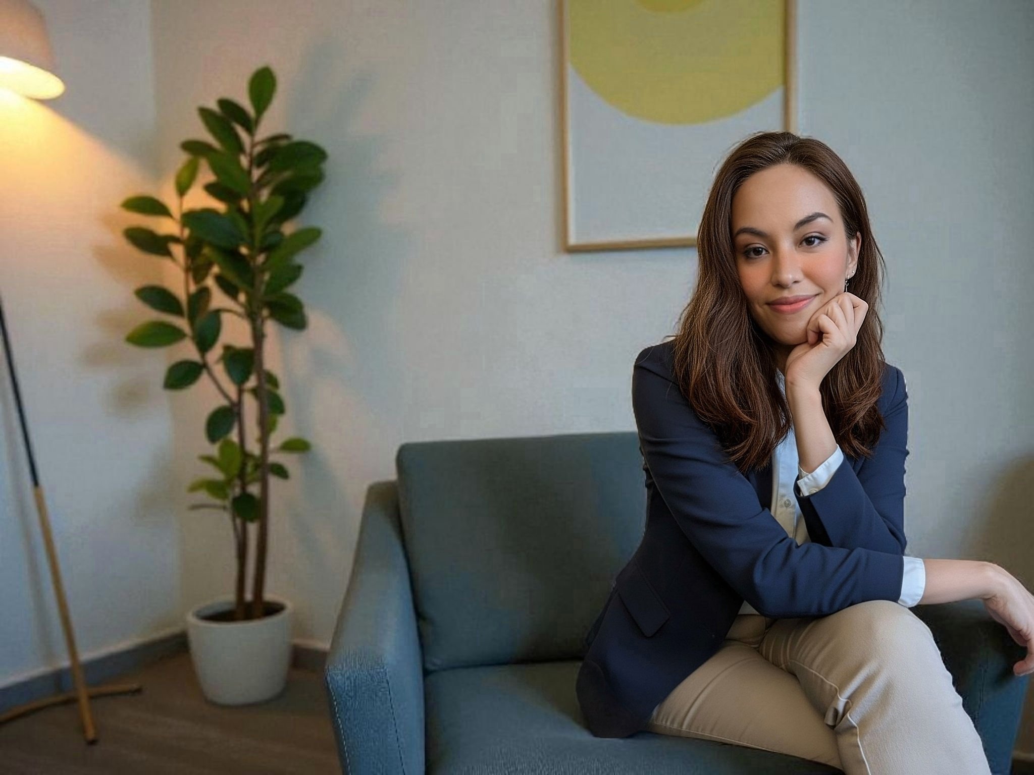 A therapist sitting on a green sofa in a bright office, smiling warmly. A potted plant and framed artwork are behind her.