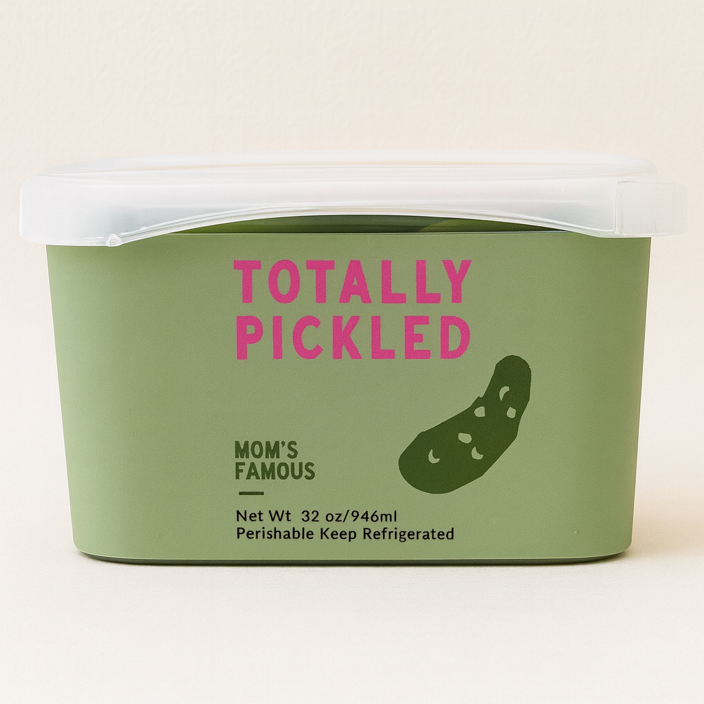 Green container of pickles with pink text saying 'Totally Pickled' and black text 'Mom's Famous'.