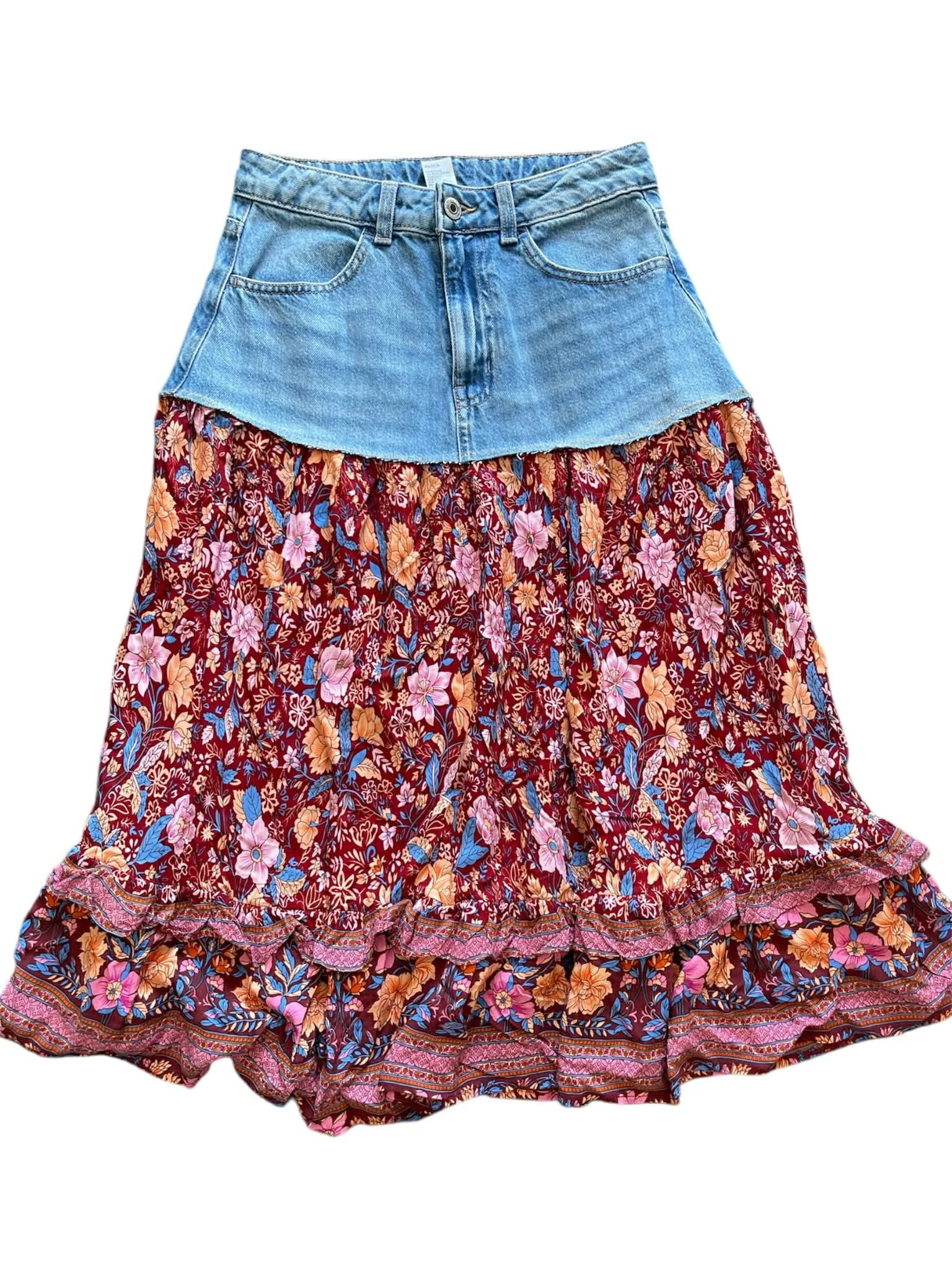 Floral Fusion Upcycled Denim Skirt