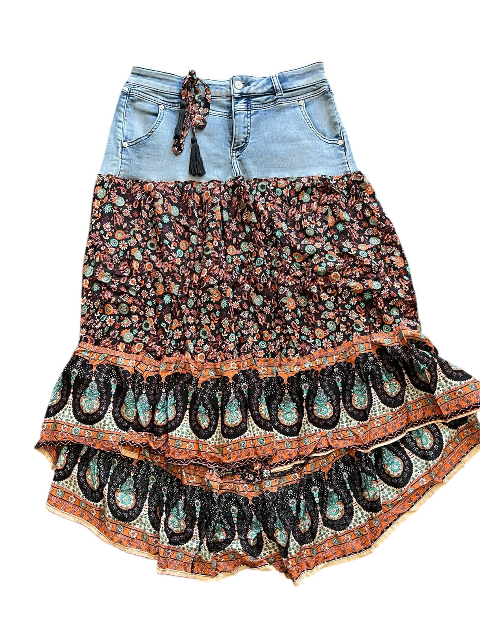 Eco-Chic Boho Denim Fusion Skirt