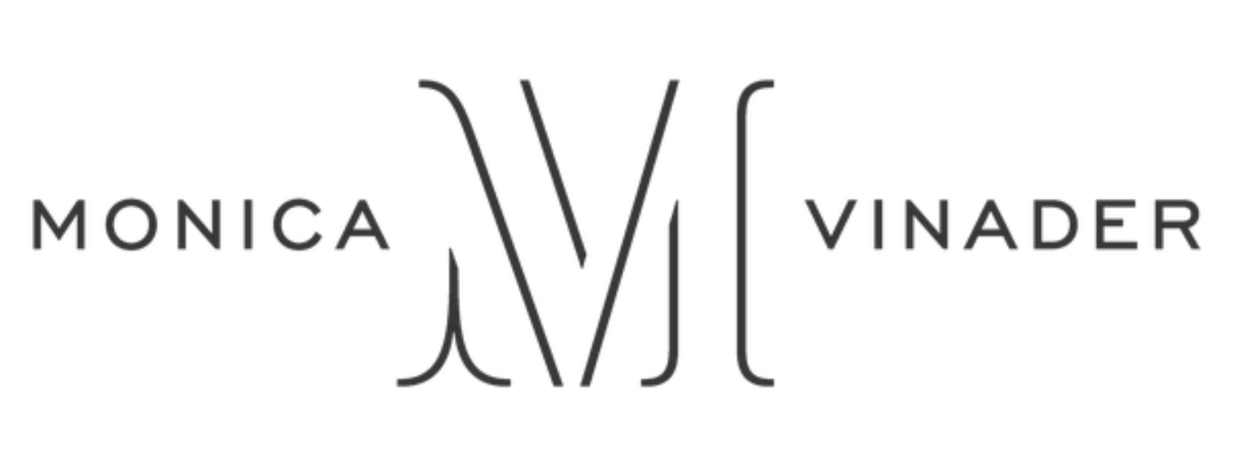 Monica Vinader logo with stylized initials MV in the center and the full name on either side.
