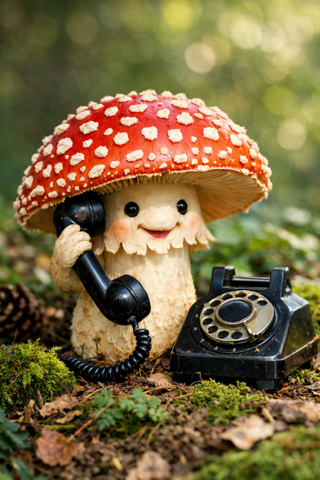 A mushroom character with a red cap with white spots, holding a vintage black rotary phone, set in a forest floor with green moss and leaves.