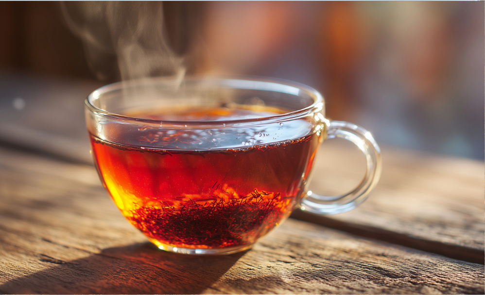 Cup of premium rooibos tea with a deep rich reddish infusion, a hallmark of high-quality South African rooibos