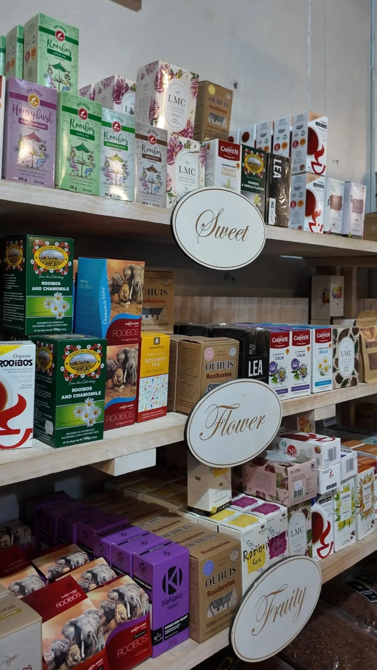 Rooibos teas categorized by flavor profile including sweet, floral, and fruity blends, showcasing the diversity of South African rooibos tea varieties