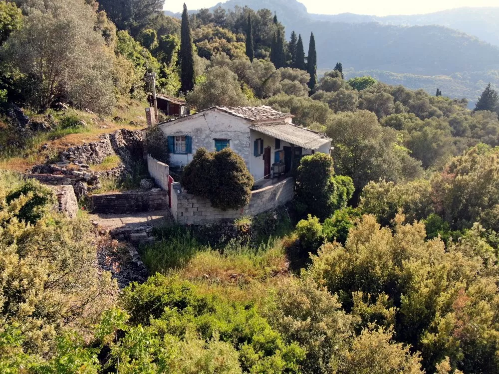 A small white house with blue shutters on a hillside surrounded by dense greenery and trees, with mountains in the background.