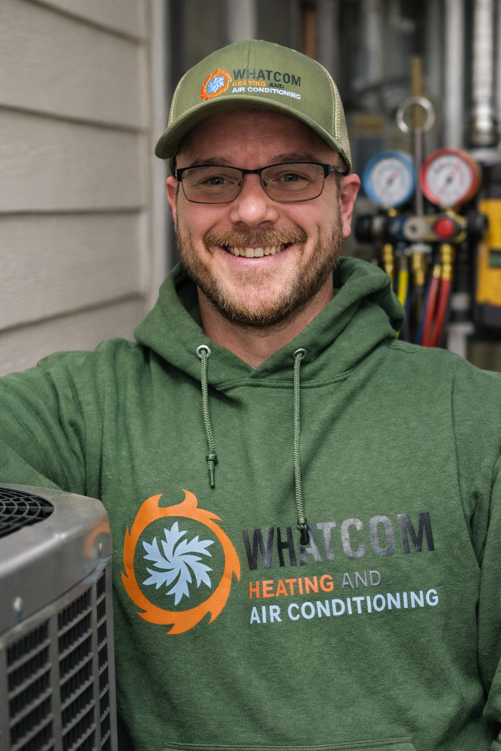 A smiling man with glasses and a beard wearing a green hoodie and a green cap, standing in front of HVAC equipment with gauges.
