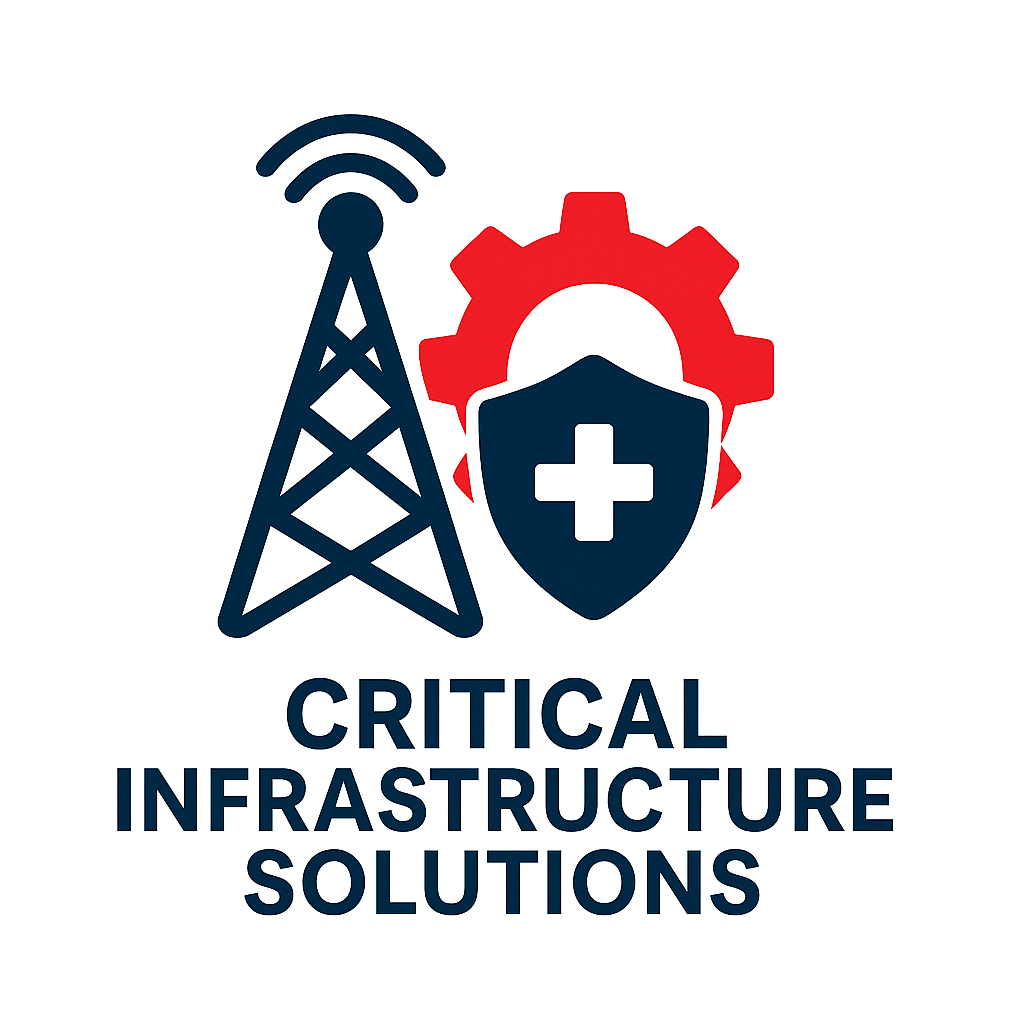 Logo of Critical Infrastructure Solutions with an antenna, gear, and shield with a cross.