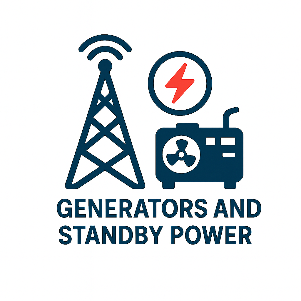 Icon of a transmission tower, a warning sign with a lightning bolt, a portable generator with a fan, and text that reads "Generators and Standby Power".