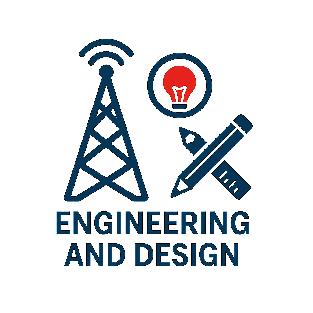Icon of a radio tower, a light bulb, a pencil, and a ruler with the text "Engineering and Design" underneath.