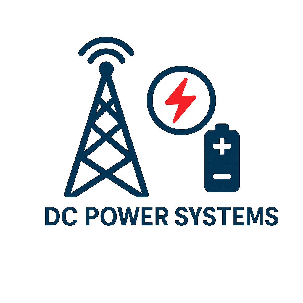 Illustration of a radio tower, a warning icon with a red lightning bolt, a battery, and the text 'DC Power Systems'.