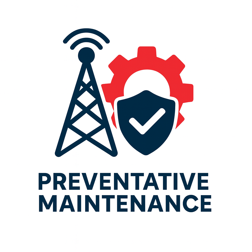 Icons of a communication tower, a gear, and a shield with a check mark, with the text "Preventative Maintenance" below.