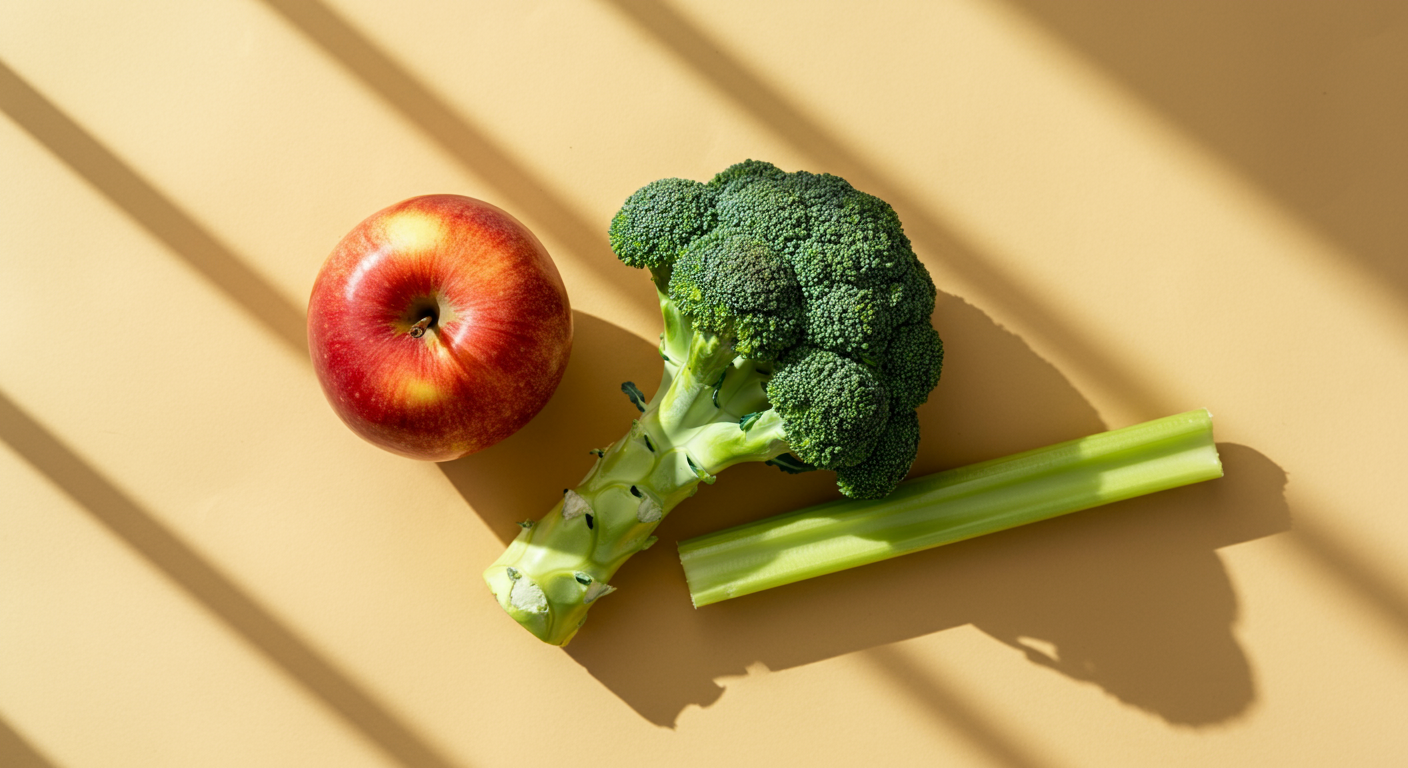 An apple, a broccoli stalk, and two celery stalks on a yellow surface with shadows cast from blinds.