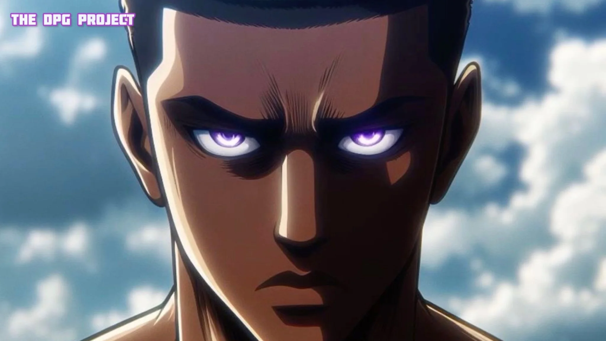 Close-up of a male character with purple eyes, dark hair, and intense expression, set against a cloudy sky background.