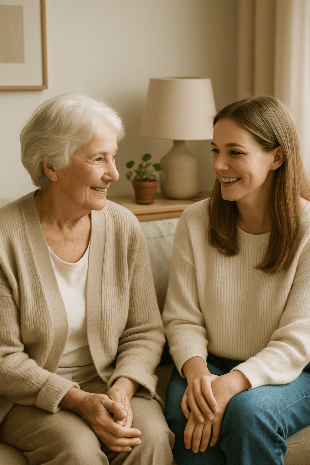 Companion caregiver providing non-medical senior companionship and social support during a Comfort Check visit with an older adult at home in Oshkosh Wisconsin