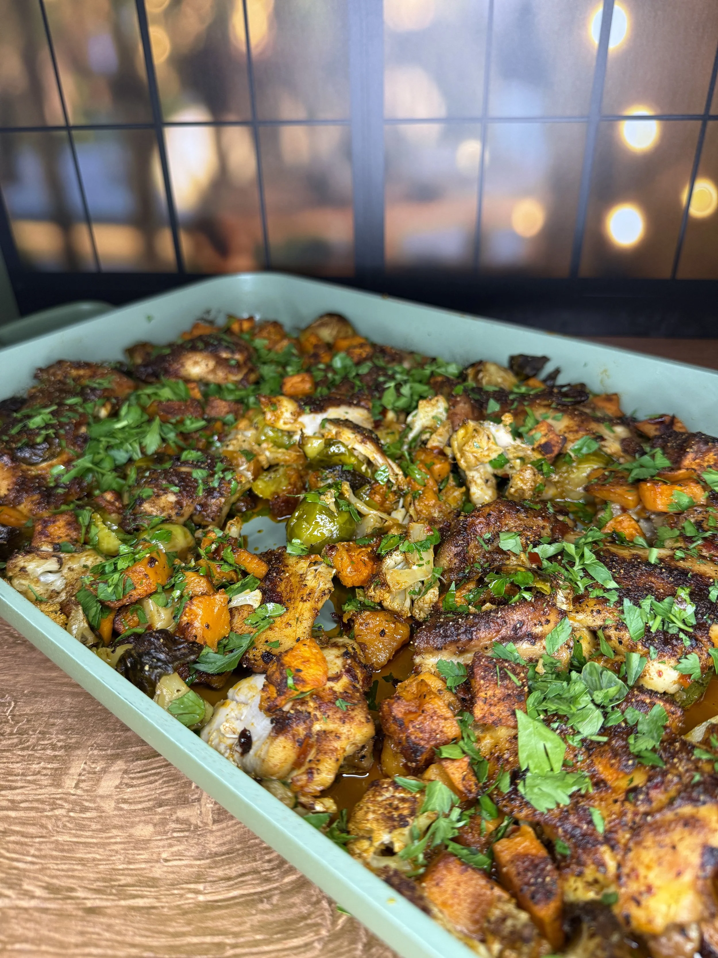 Sheet Pan Chicken with Moroccan Rub, Sweet Potato, Cauliflower and Brussels Sprouts